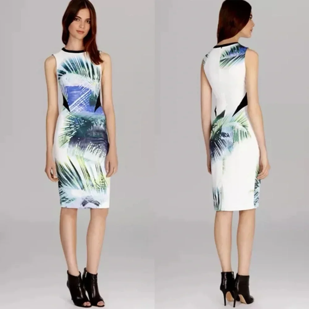 NWOT Karen Millen Signature Stretch palm tree tropical print pencil shift dress